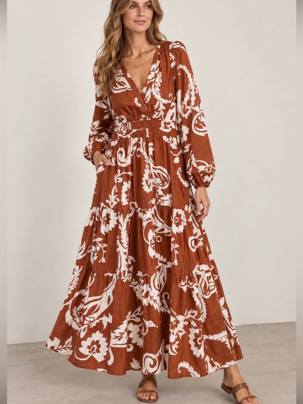 Anthropologie Somerset Maxi Dress L Rust White Floral 100% Cotton